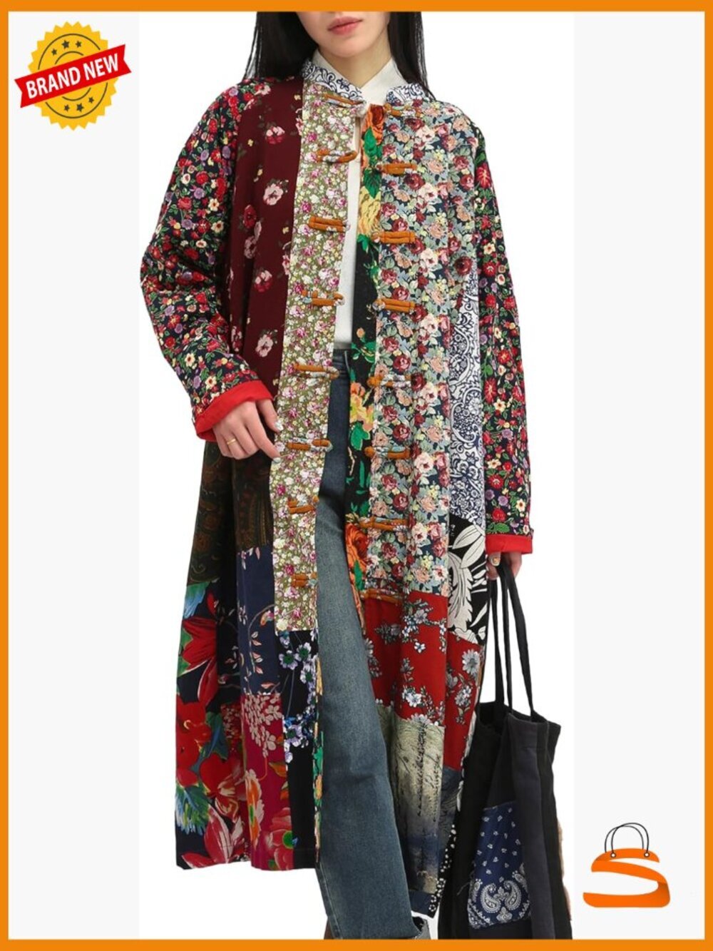 Cotton Linen Printed Long Jacket Patchwork Cottagecore Oversized Casual
